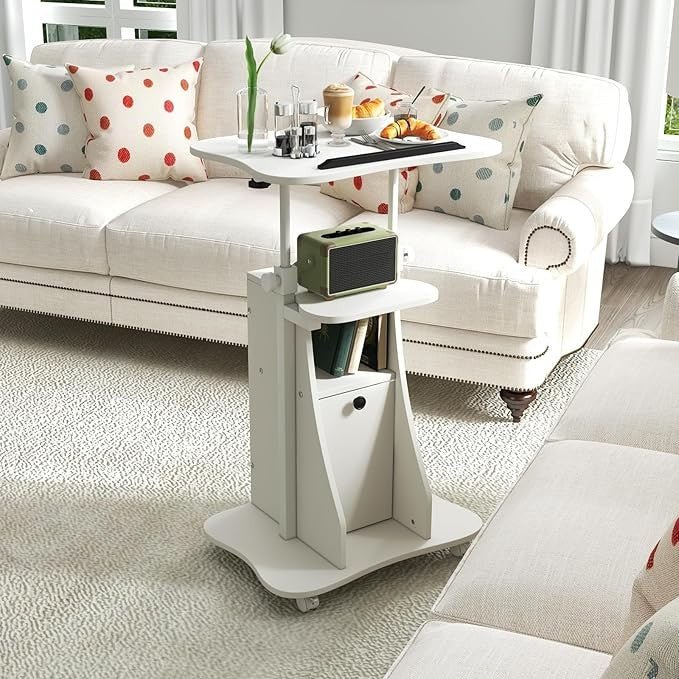 Mobile Laptop Table Adjustable Sit Stand Desk with Storage Wheels White - Kwikley