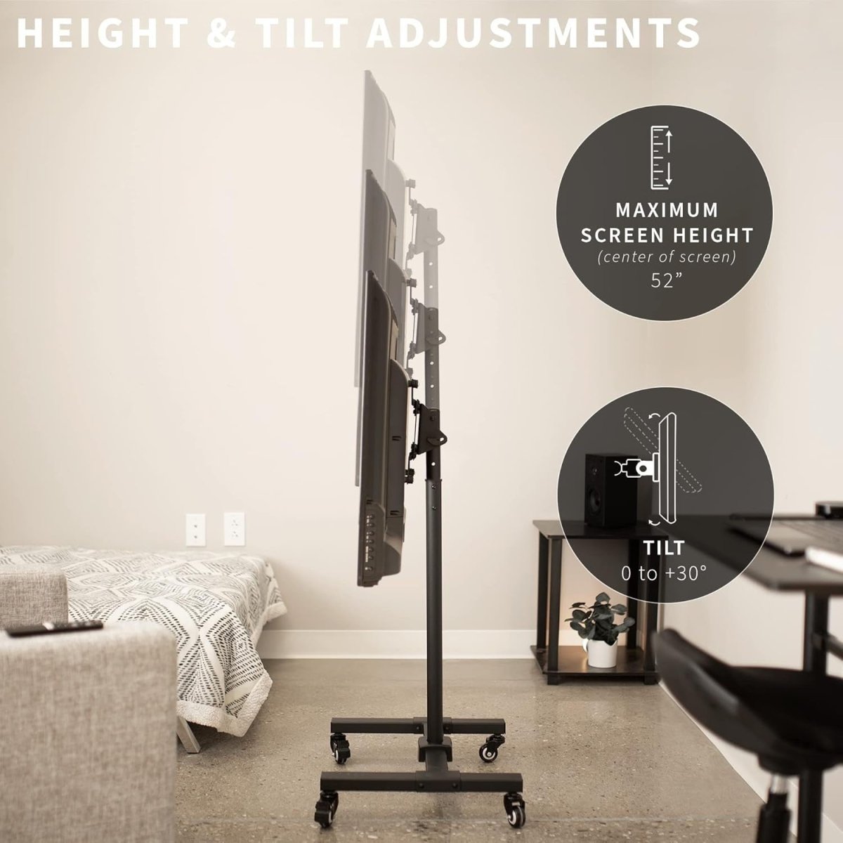 Mobile TV Stand 13–42” Tilt Mount on Wheels Adjustable Height Bracket - Kwikley