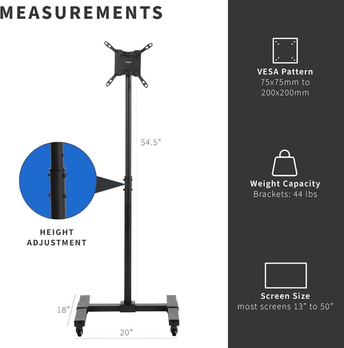 Mobile TV Stand 13–42” Tilt Mount on Wheels Adjustable Height Bracket - Kwikley