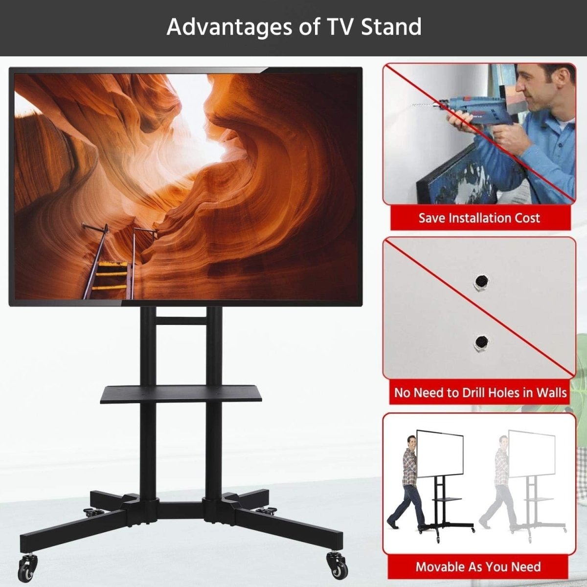 Mobile TV Stand 32–75” with Wheels, Shelf, Tilt, Height & Cable Tidy - Kwikley