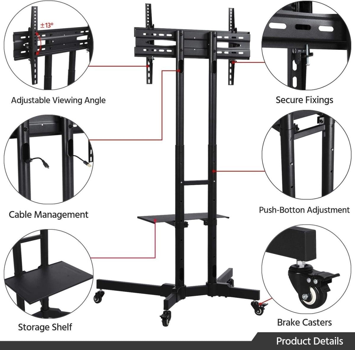 Mobile TV Stand 32–75” with Wheels, Shelf, Tilt, Height & Cable Tidy - Kwikley