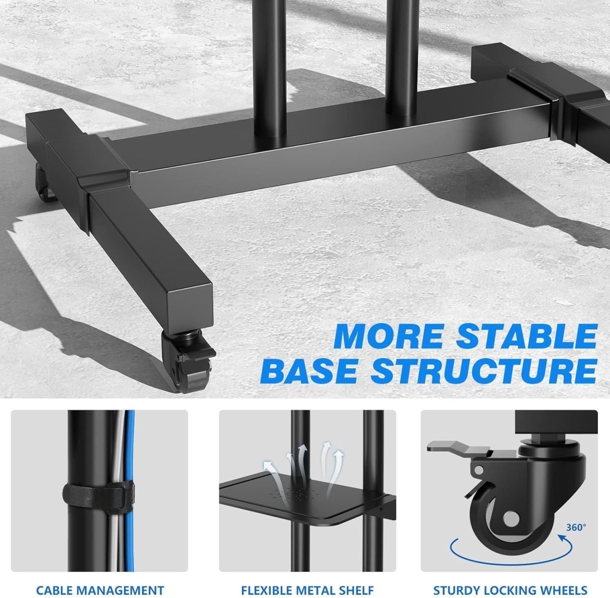 Mobile TV Stand 32–80” on Wheels Tilt Height Adjustable with Shelf Black - Kwikley