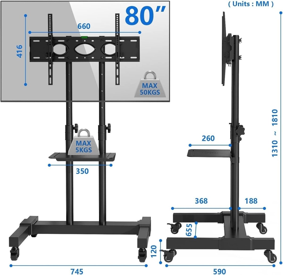 Mobile TV Stand 32–80” on Wheels Tilt Height Adjustable with Shelf Black - Kwikley
