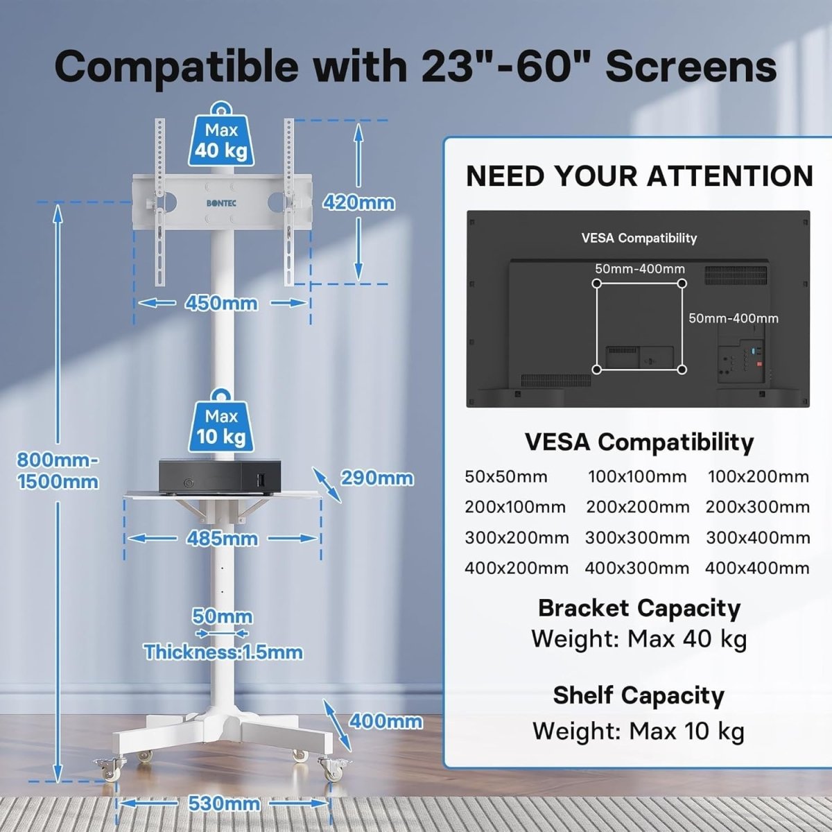 Mobile TV Stand on Wheels 23-60" Tilt Adjustable Cart with Tray VESA 400x400 - Kwikley