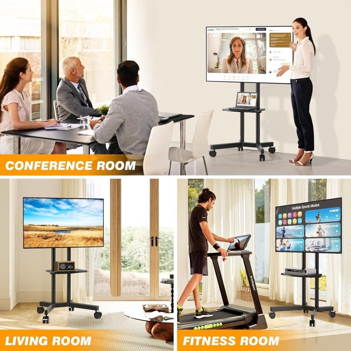 Mobile TV Stand on Wheels 32-75” Adjustable Height Trolley with Shelf - Kwikley