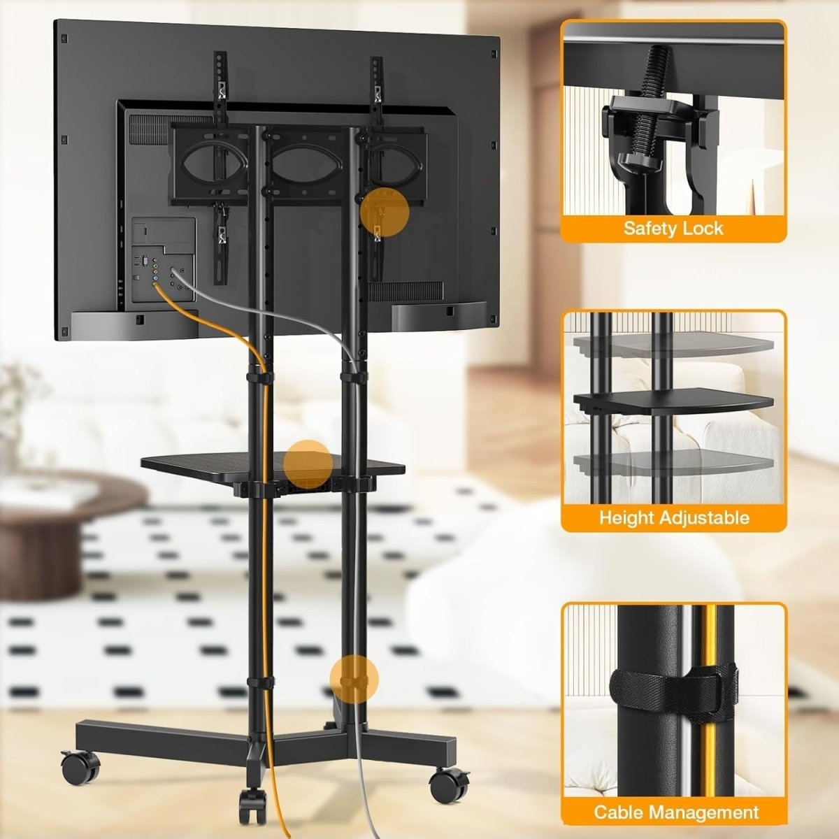 Mobile TV Stand on Wheels 32-75” Adjustable Height Trolley with Shelf - Kwikley