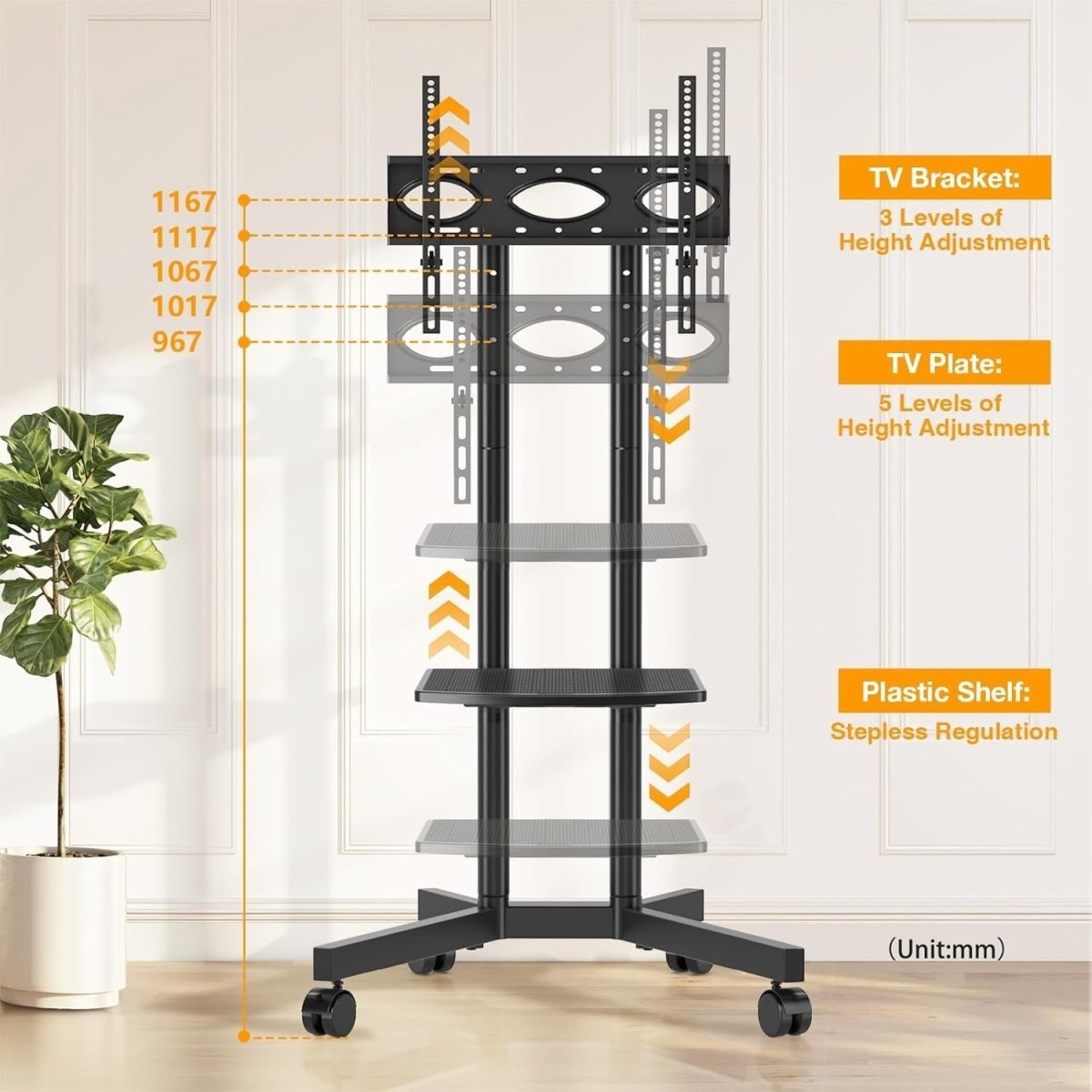 Mobile TV Stand on Wheels 32-75” Adjustable Height Trolley with Shelf - Kwikley