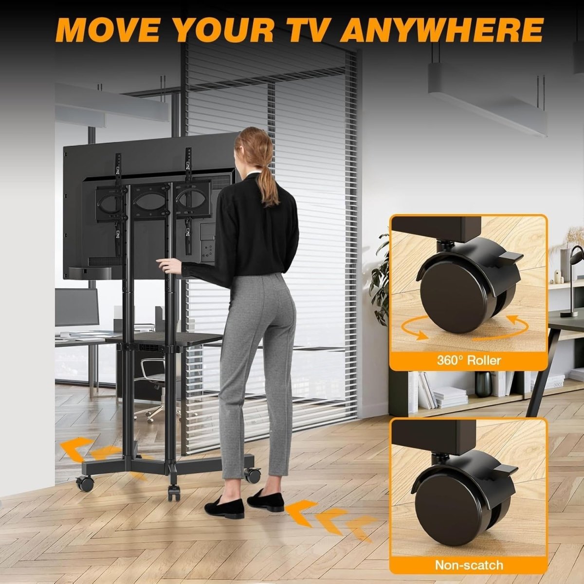 Mobile TV Stand on Wheels 32-75” Adjustable Height Trolley with Shelf - Kwikley