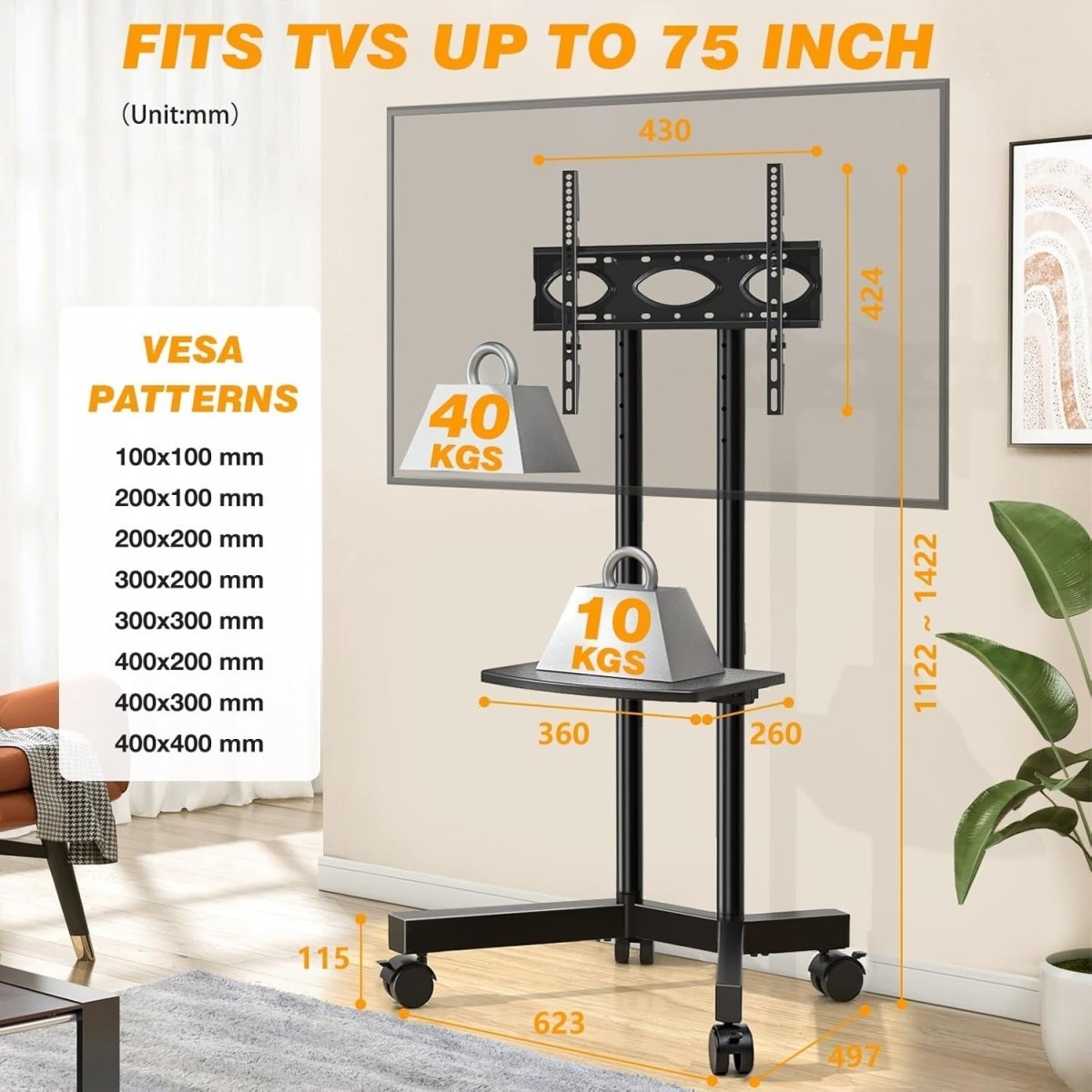 Mobile TV Stand on Wheels 32-75” Adjustable Height Trolley with Shelf - Kwikley