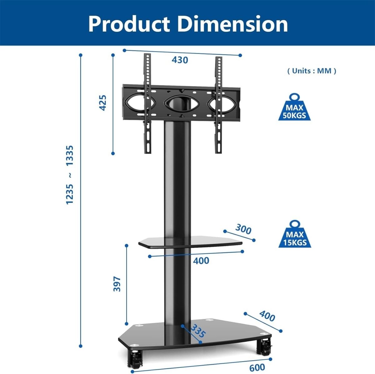 Mobile TV Stand Trolley Wheels 27–65" Height Adjustable Swivel Mount - Kwikley