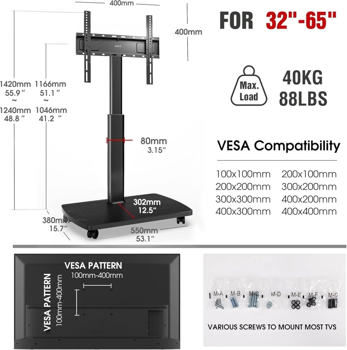 Mobile TV Stand with Lockable Wheels for 32-65" TVs, Height Adjustable - Kwikley