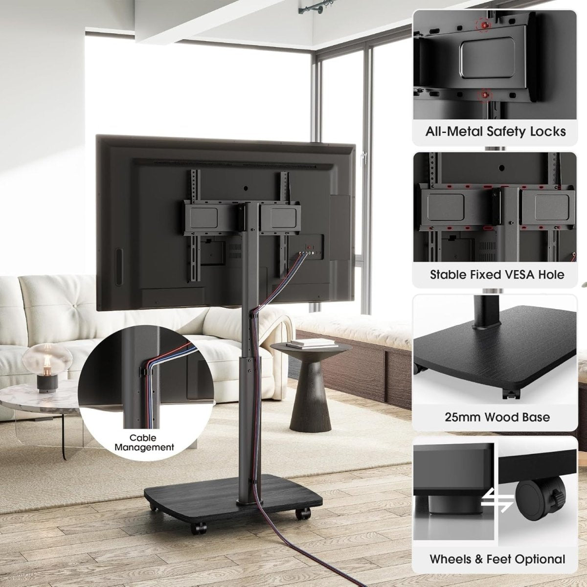 Mobile TV Stand with Lockable Wheels for 32-65" TVs, Height Adjustable - Kwikley
