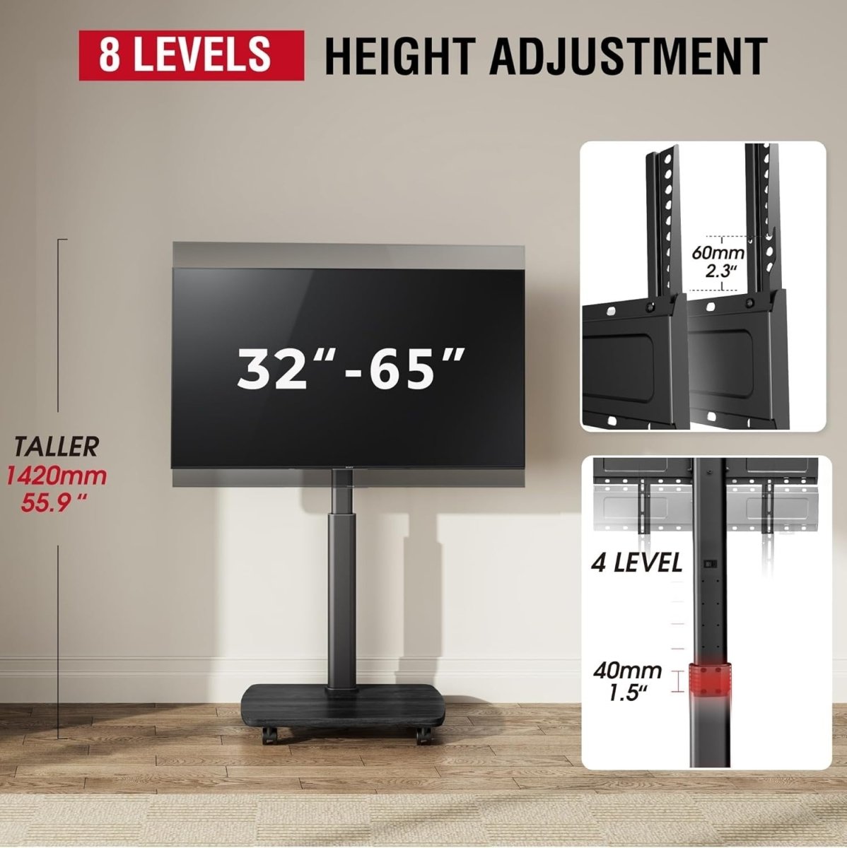 Mobile TV Stand with Lockable Wheels for 32-65" TVs, Height Adjustable - Kwikley