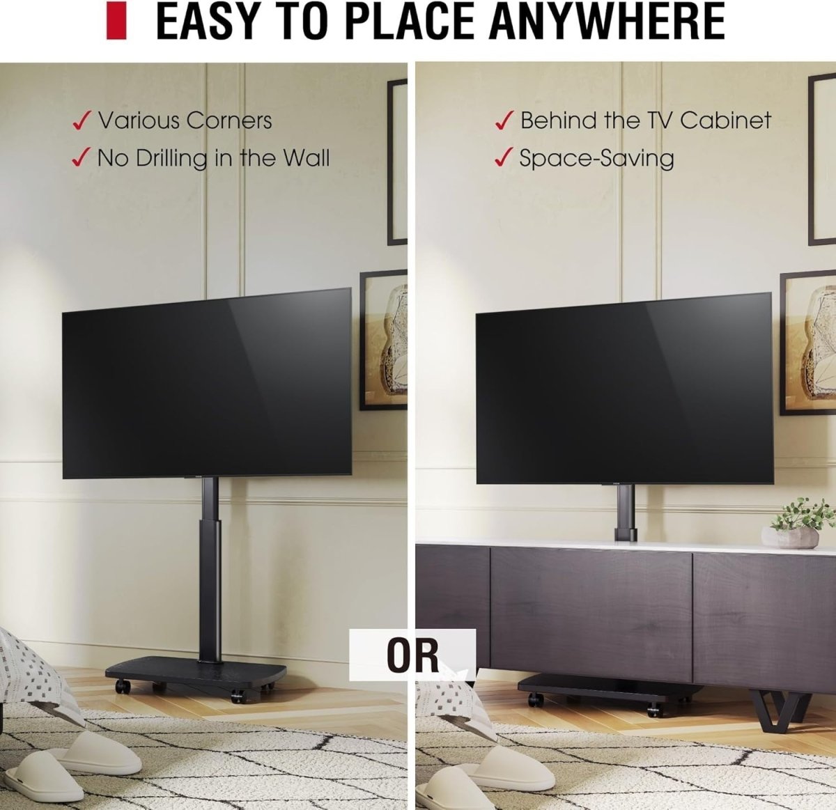 Mobile TV Stand with Lockable Wheels for 32-65" TVs, Height Adjustable - Kwikley
