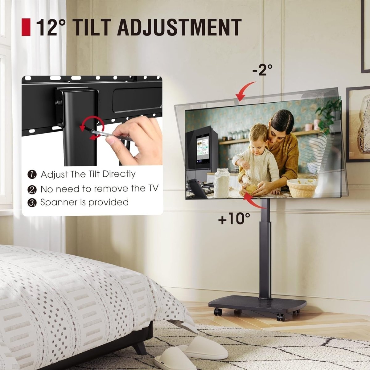 Mobile TV Stand with Lockable Wheels for 32-65" TVs, Height Adjustable - Kwikley