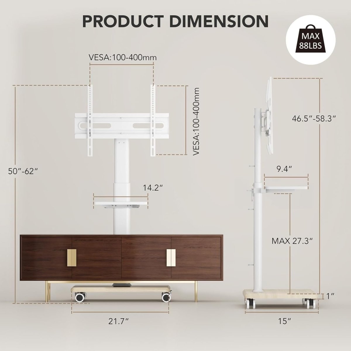 Mobile TV Stand with Shelf 27–65" Swivel Wheels Height Adjustable Mount - Kwikley