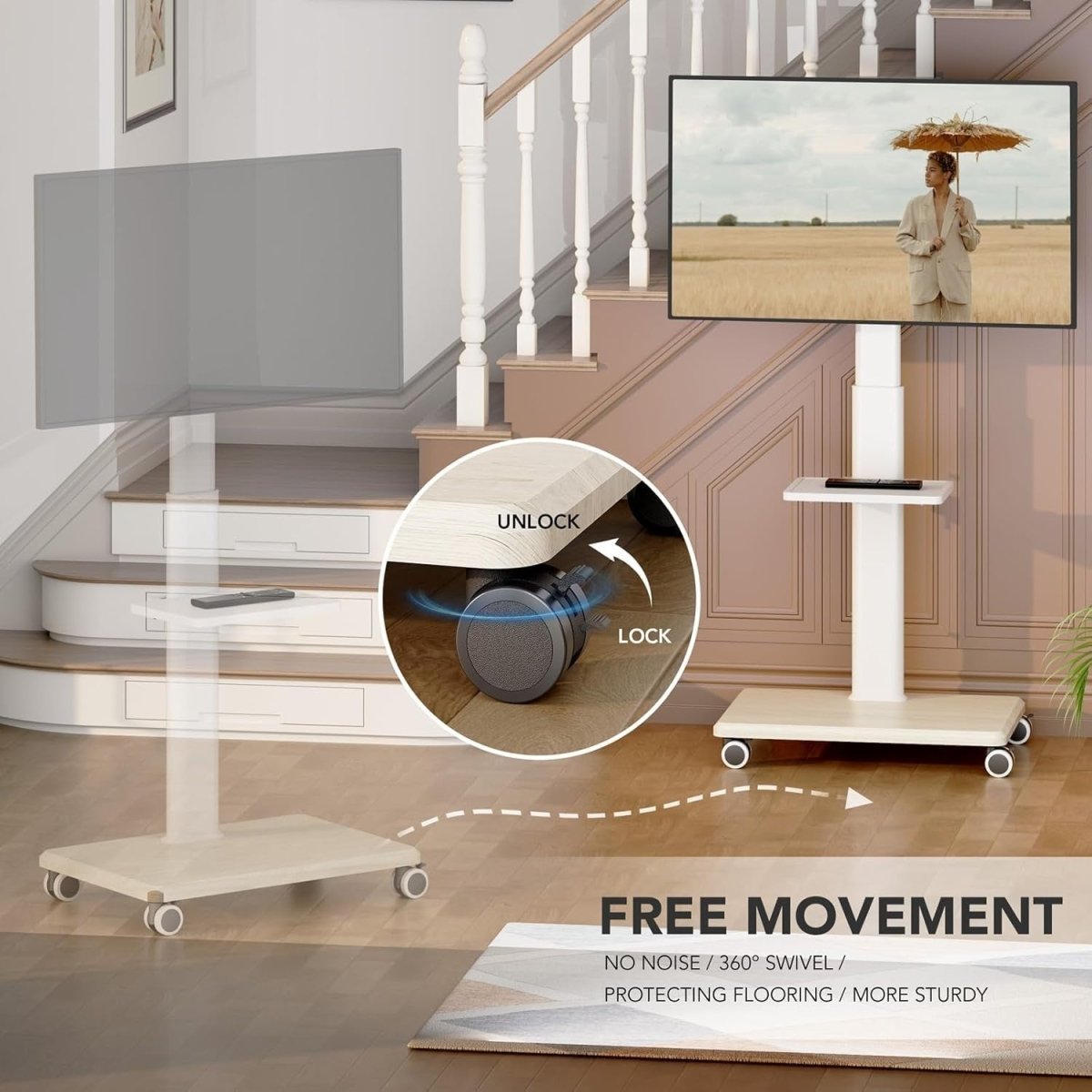 Mobile TV Stand with Shelf 27–65" Swivel Wheels Height Adjustable Mount - Kwikley