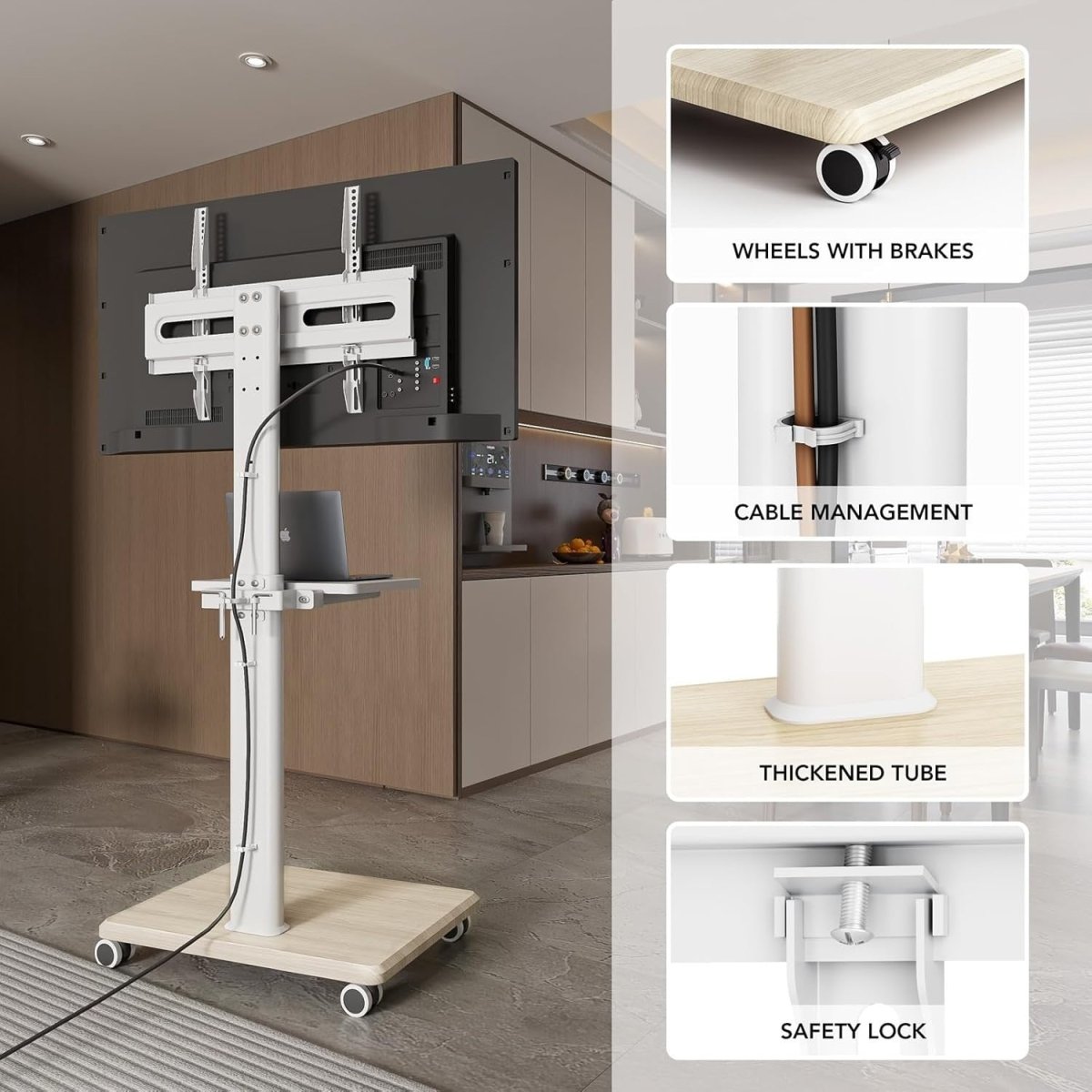 Mobile TV Stand with Shelf 27–65" Swivel Wheels Height Adjustable Mount - Kwikley