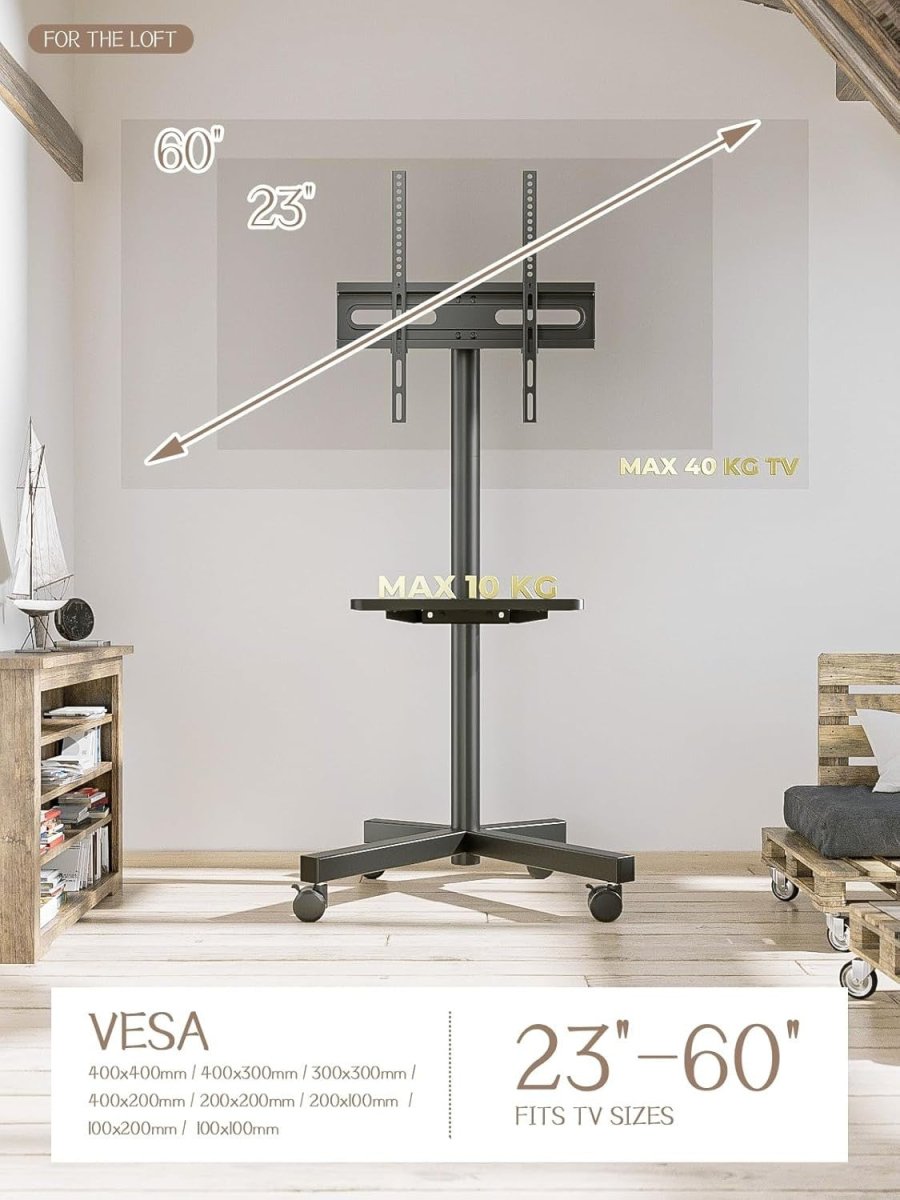 Mobile TV Stand with Shelf for 23-60" LED Curved Screens, Rolling Cart 40kg - Kwikley