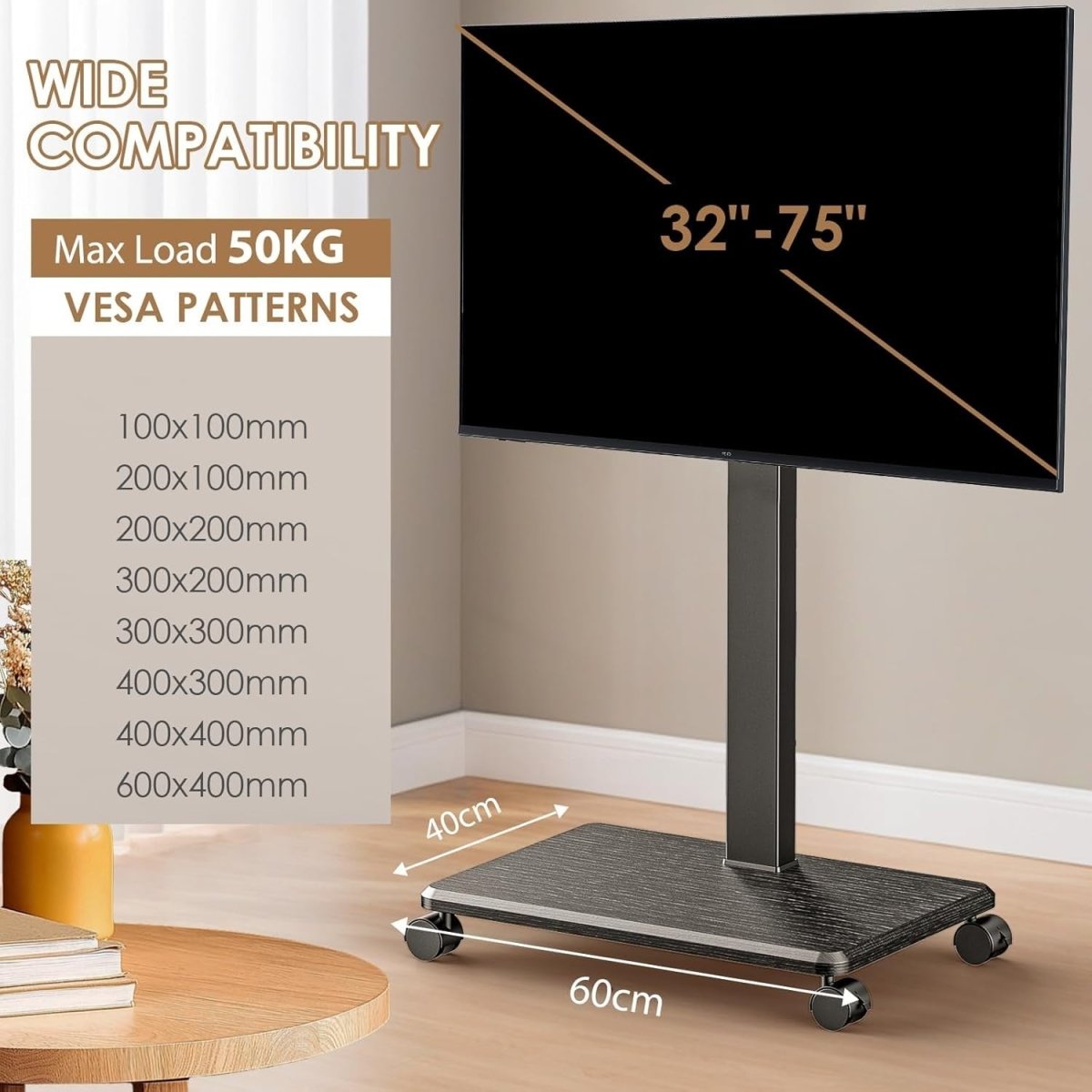 Mobile TV Stand with Wheels for 32-75” TVs | 360° Swivel & Tilt | Heavy Duty - Kwikley
