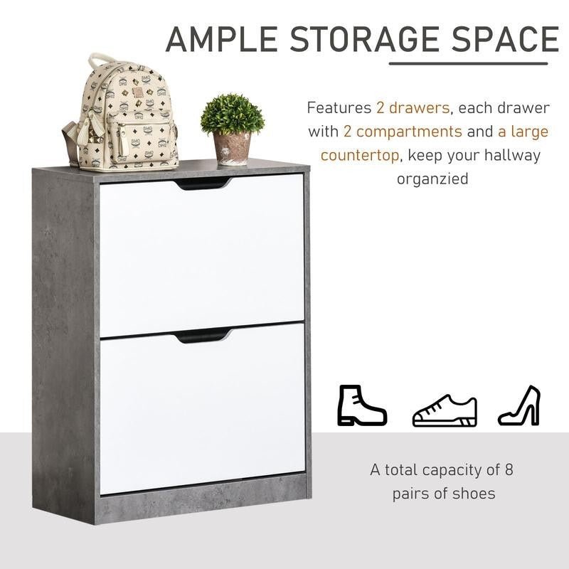 Modern 2 Drawer Shoe Cabinet Grey White Storage Unit Organizer Slim Rack - Kwikley