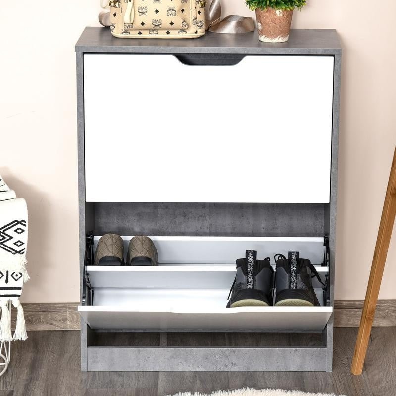 Modern 2 Drawer Shoe Cabinet Grey White Storage Unit Organizer Slim Rack - Kwikley