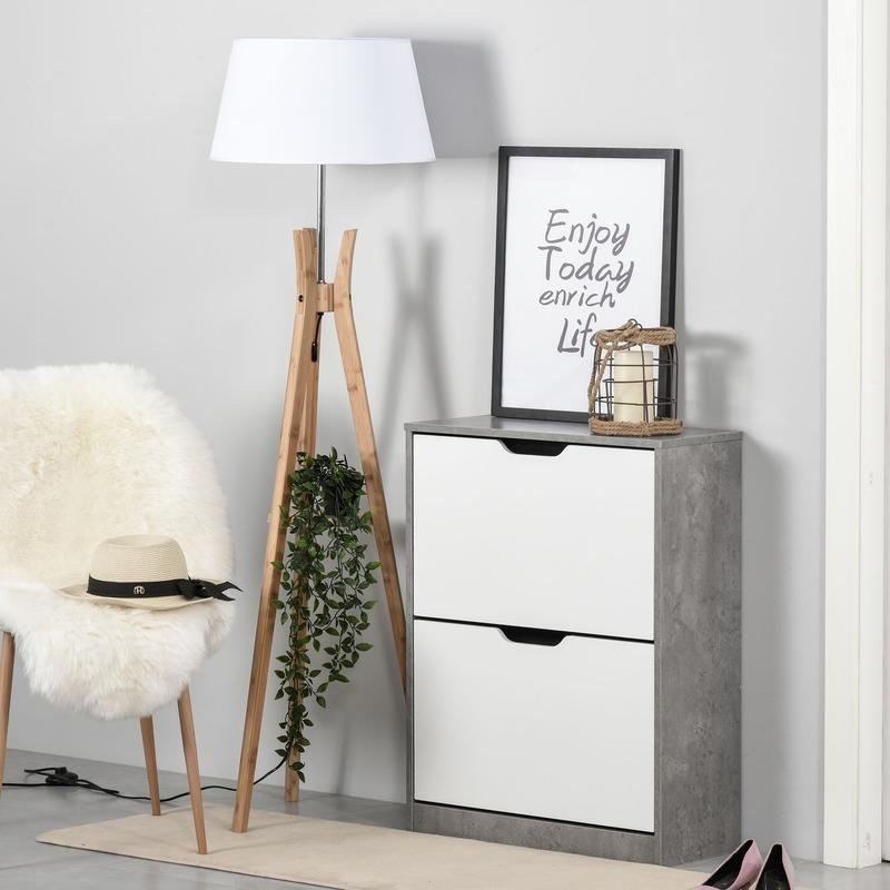 Modern 2 Drawer Shoe Cabinet Grey White Storage Unit Organizer Slim Rack - Kwikley