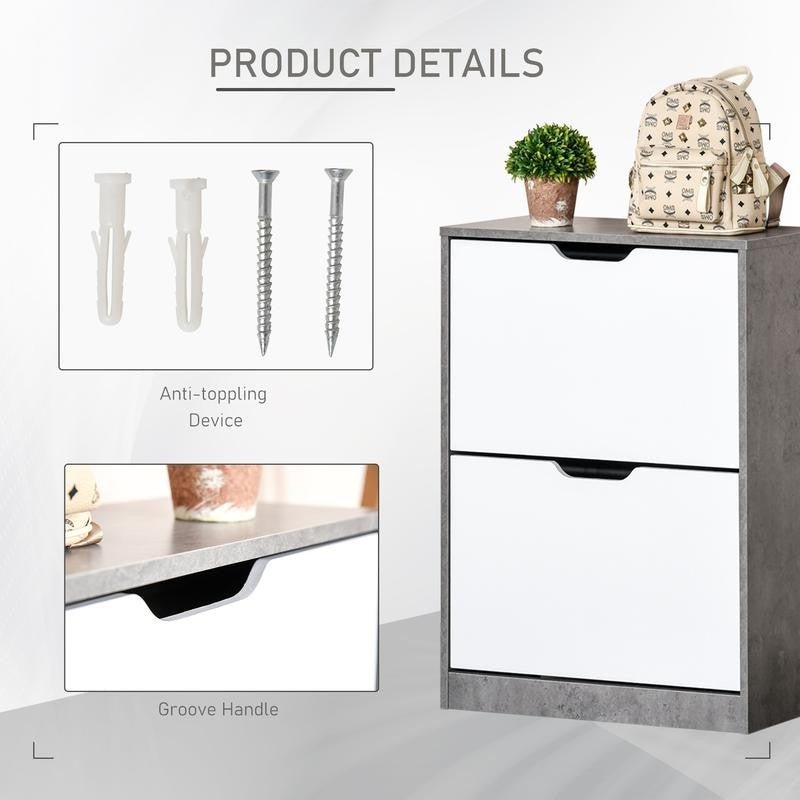 Modern 2 Drawer Shoe Cabinet Grey White Storage Unit Organizer Slim Rack - Kwikley