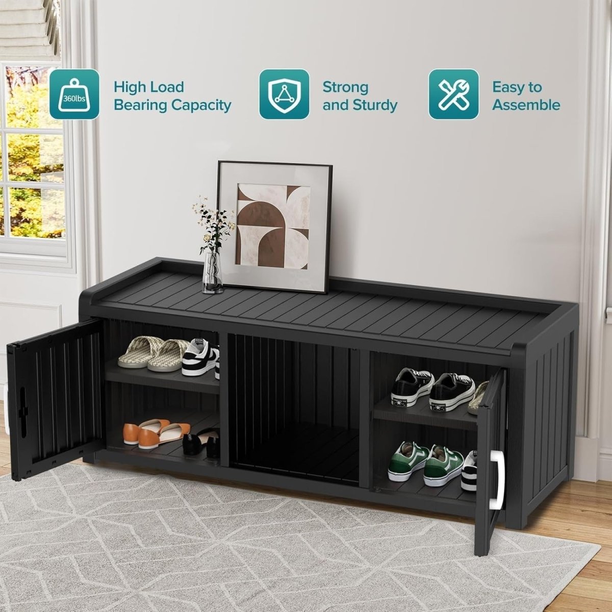 Modern 3 - Door Waterproof Shoe Cabinet Bench Indoor Outdoor 119x44x45.5cm - Kwikley