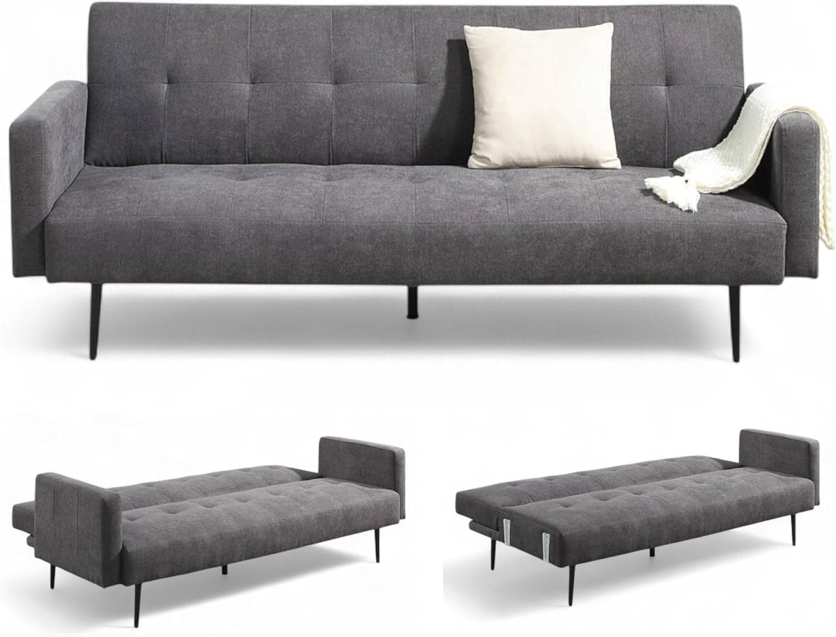 Modern 3 Seater Sofa Bed Click Clack Grey Upholstered Sleeper Couch - Kwikley