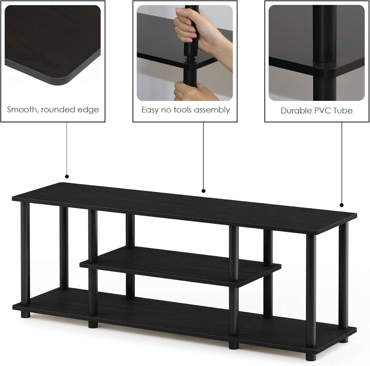 Modern 3 Tier TV Stand Walnut Black for 50" Screen | No Tool Assembly - Kwikley