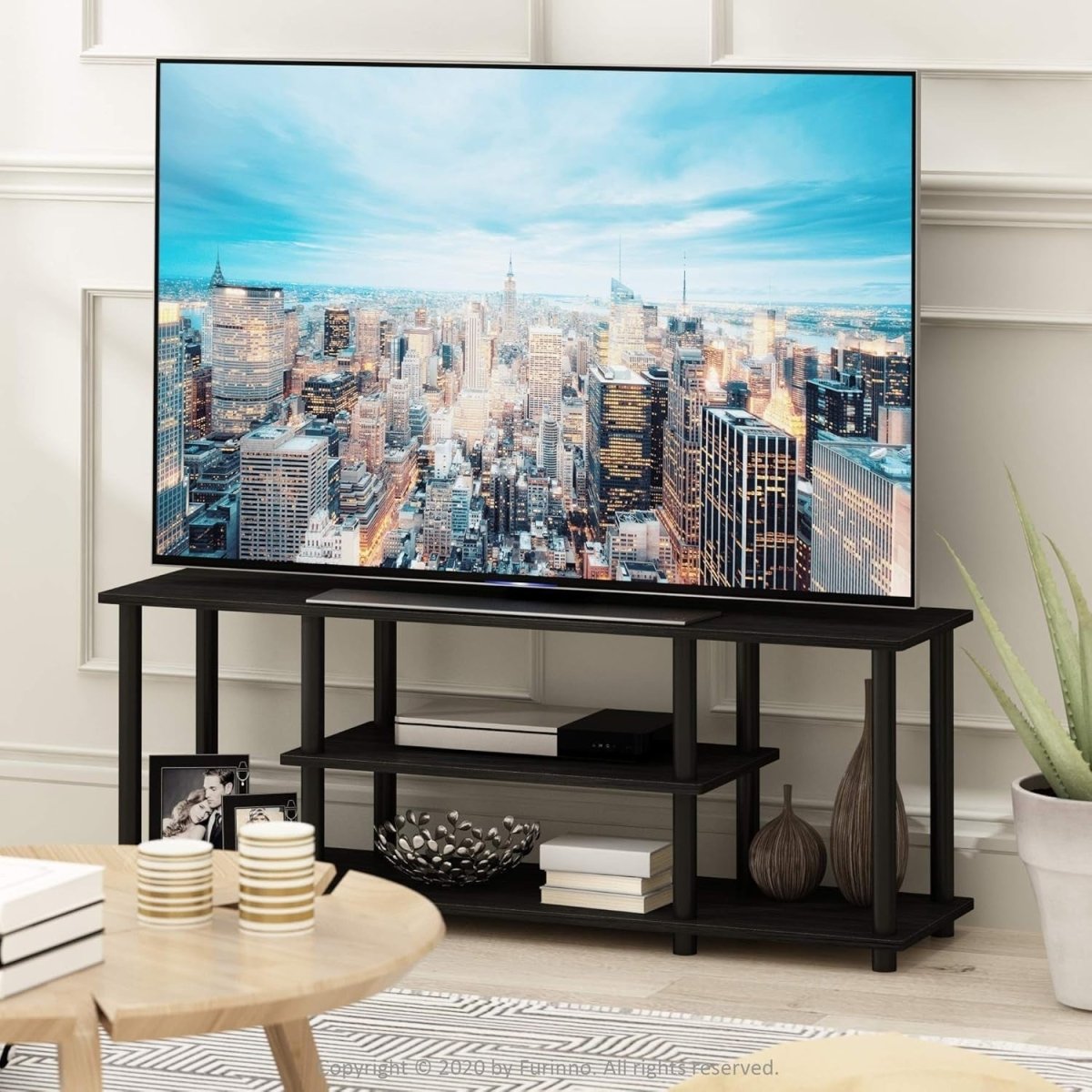 Modern 3 Tier TV Stand Walnut Black for 50" Screen | No Tool Assembly - Kwikley