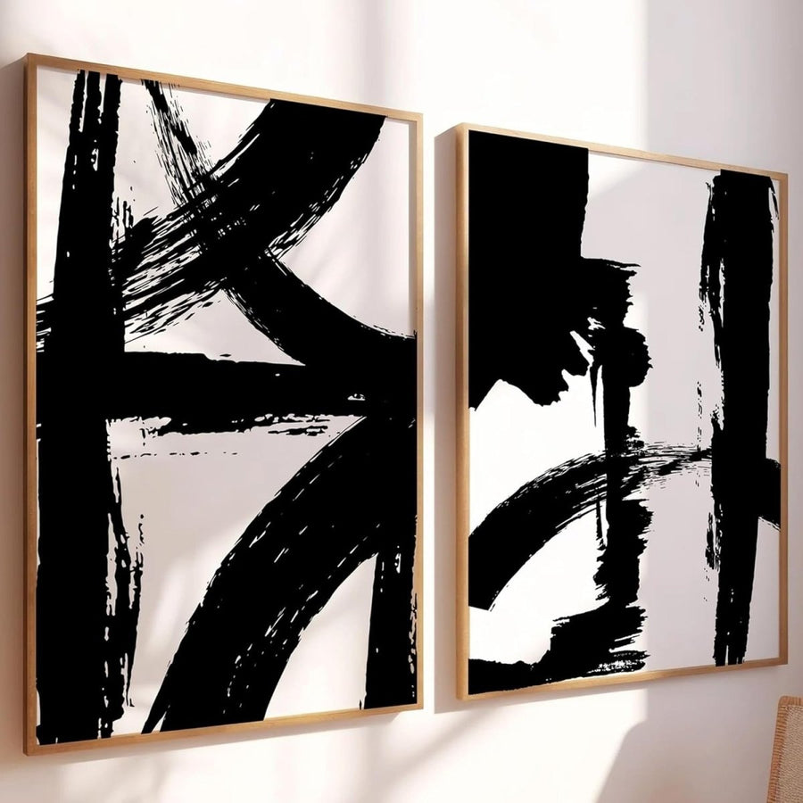 Modern Abstract Wall Art Set of 2 A3 Black White Prints - Kwikley