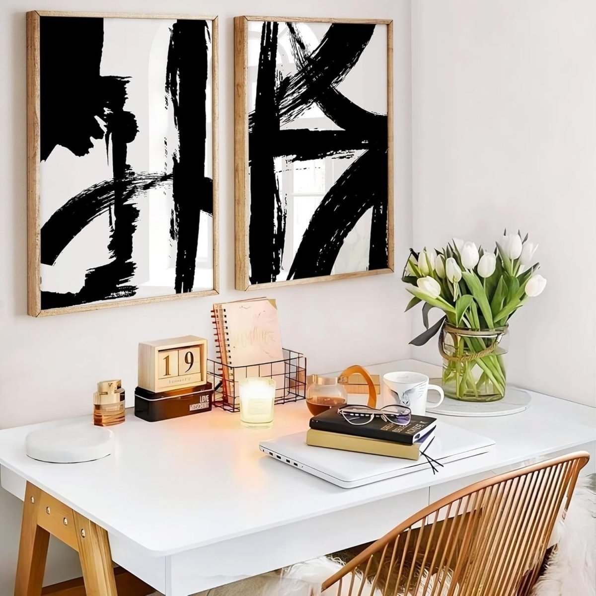 Modern Abstract Wall Art Set of 2 A3 Black White Prints - Kwikley