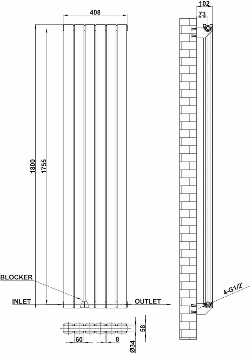 Modern Anthracite Vertical Radiator 1800x408mm Double Panel Central Heating - Kwikley