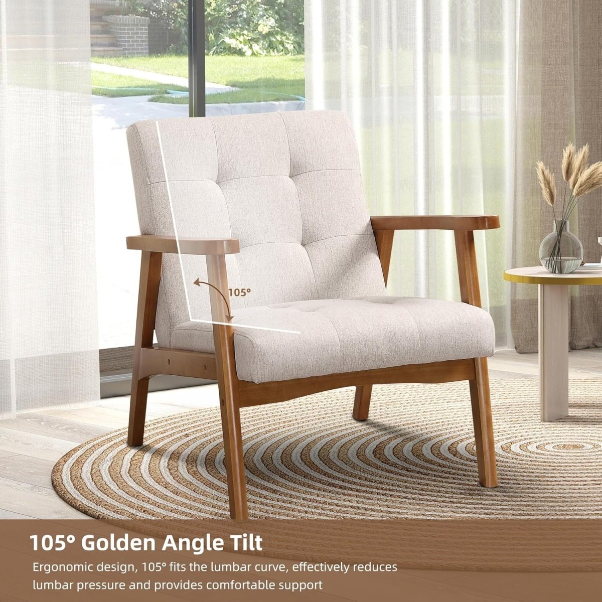 Modern Beige Linen Accent Chair Set of 2 – Solid Wood Lounge Armchairs - Kwikley