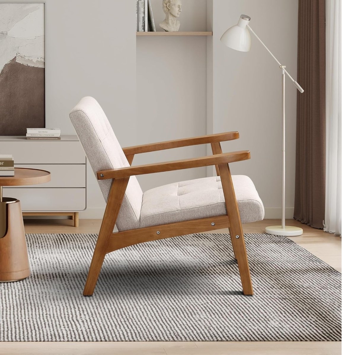 Modern Beige Linen Accent Chair Set of 2 – Solid Wood Lounge Armchairs - Kwikley