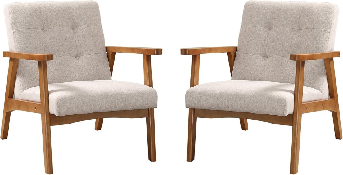 Modern Beige Linen Accent Chair Set of 2 – Solid Wood Lounge Armchairs - Kwikley