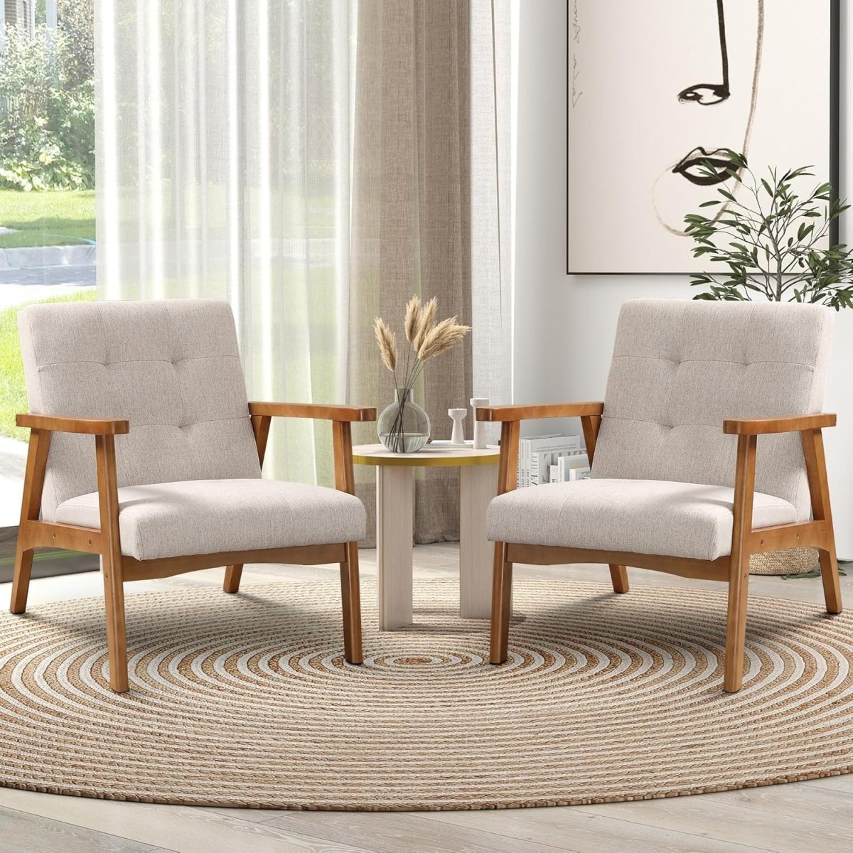 Modern Beige Linen Accent Chair Set of 2 – Solid Wood Lounge Armchairs - Kwikley