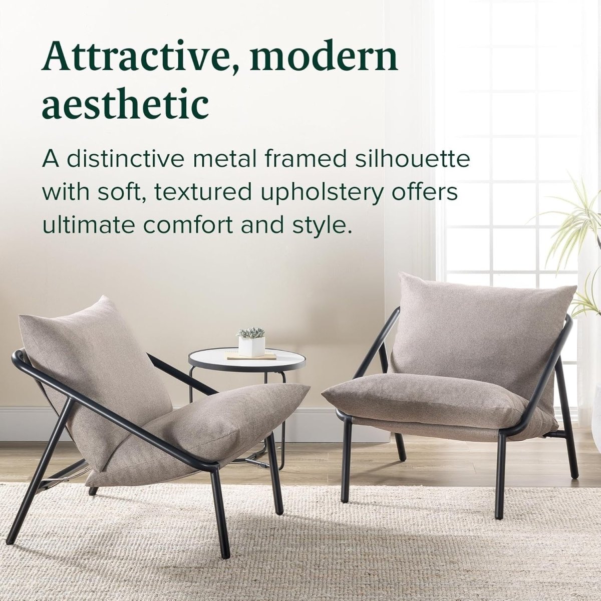 Modern Beige Sling Accent Chair | Metal Frame Comfy Lounge Armchair - Kwikley