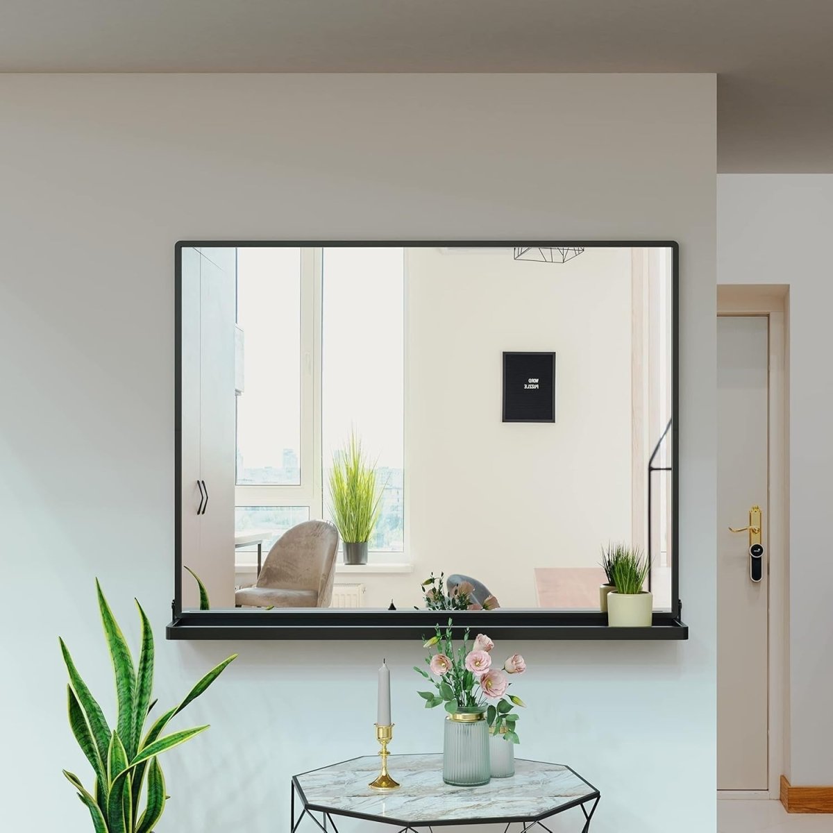 Modern Black Bathroom Wall Mirror with Shelf 80x62cm | Sleek, Space - Saving - Kwikley