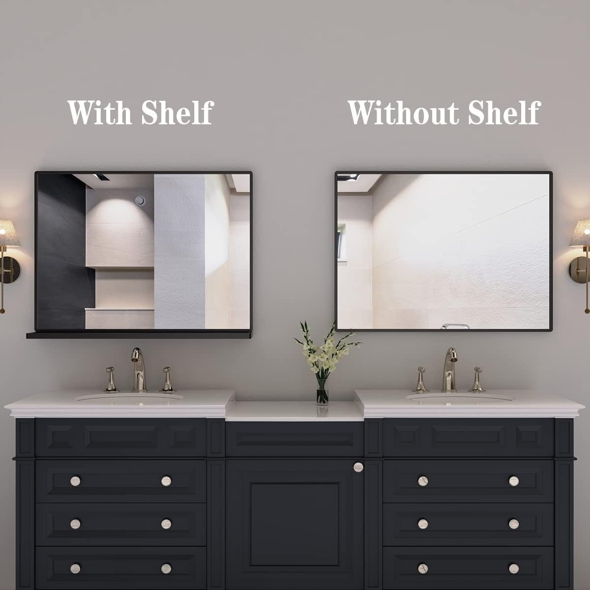 Modern Black Bathroom Wall Mirror with Shelf 80x62cm | Sleek, Space - Saving - Kwikley