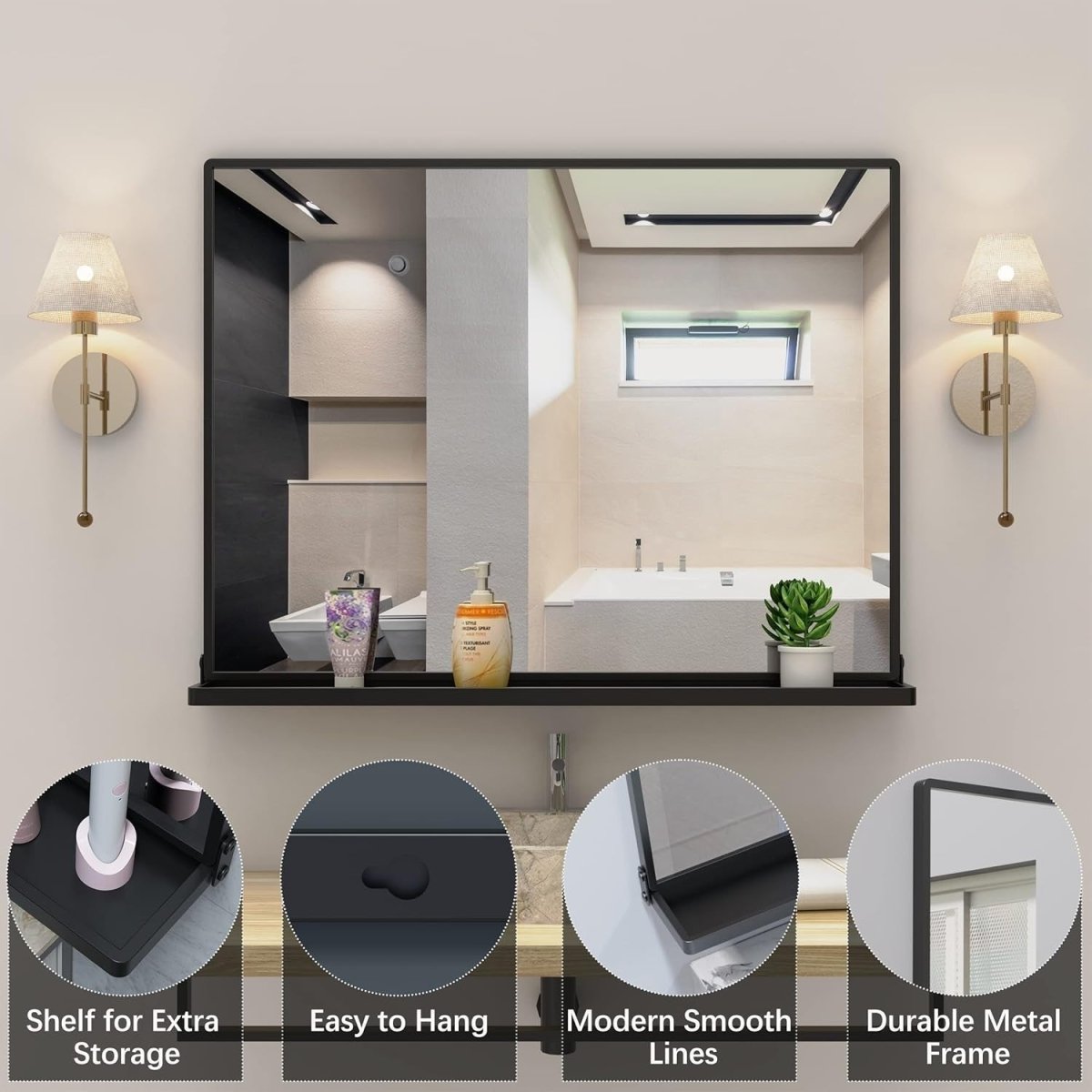 Modern Black Bathroom Wall Mirror with Shelf 80x62cm | Sleek, Space - Saving - Kwikley