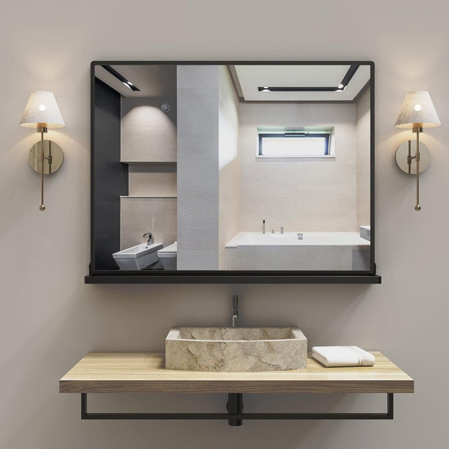 Modern Black Bathroom Wall Mirror with Shelf 80x62cm | Sleek, Space - Saving - Kwikley