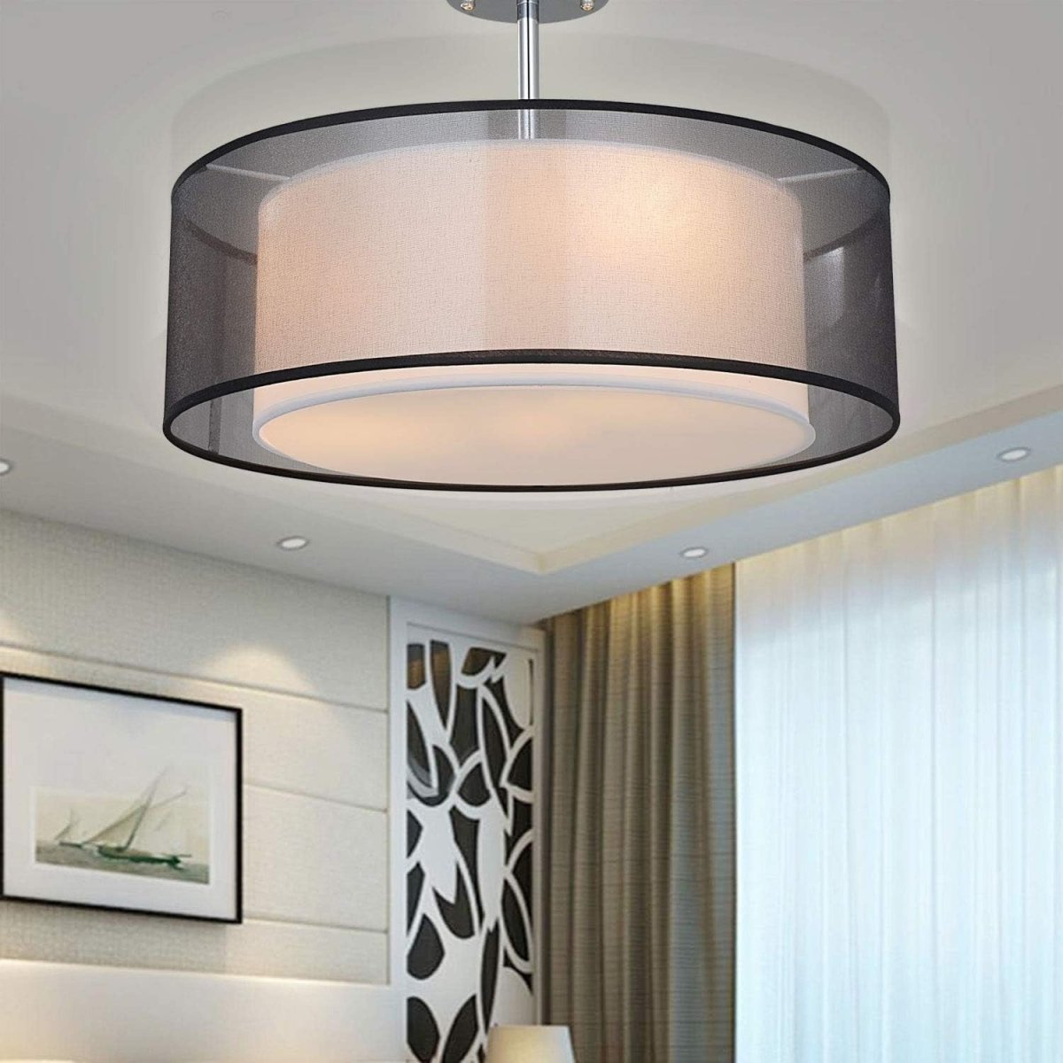 Modern Black Drum Ceiling Light 3 Bulb Fabric Pendant Shade Flush Mount - Kwikley