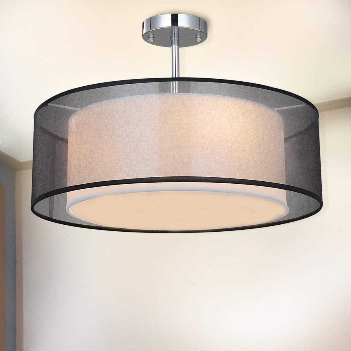Modern Black Drum Ceiling Light 3 Bulb Fabric Pendant Shade Flush Mount - Kwikley