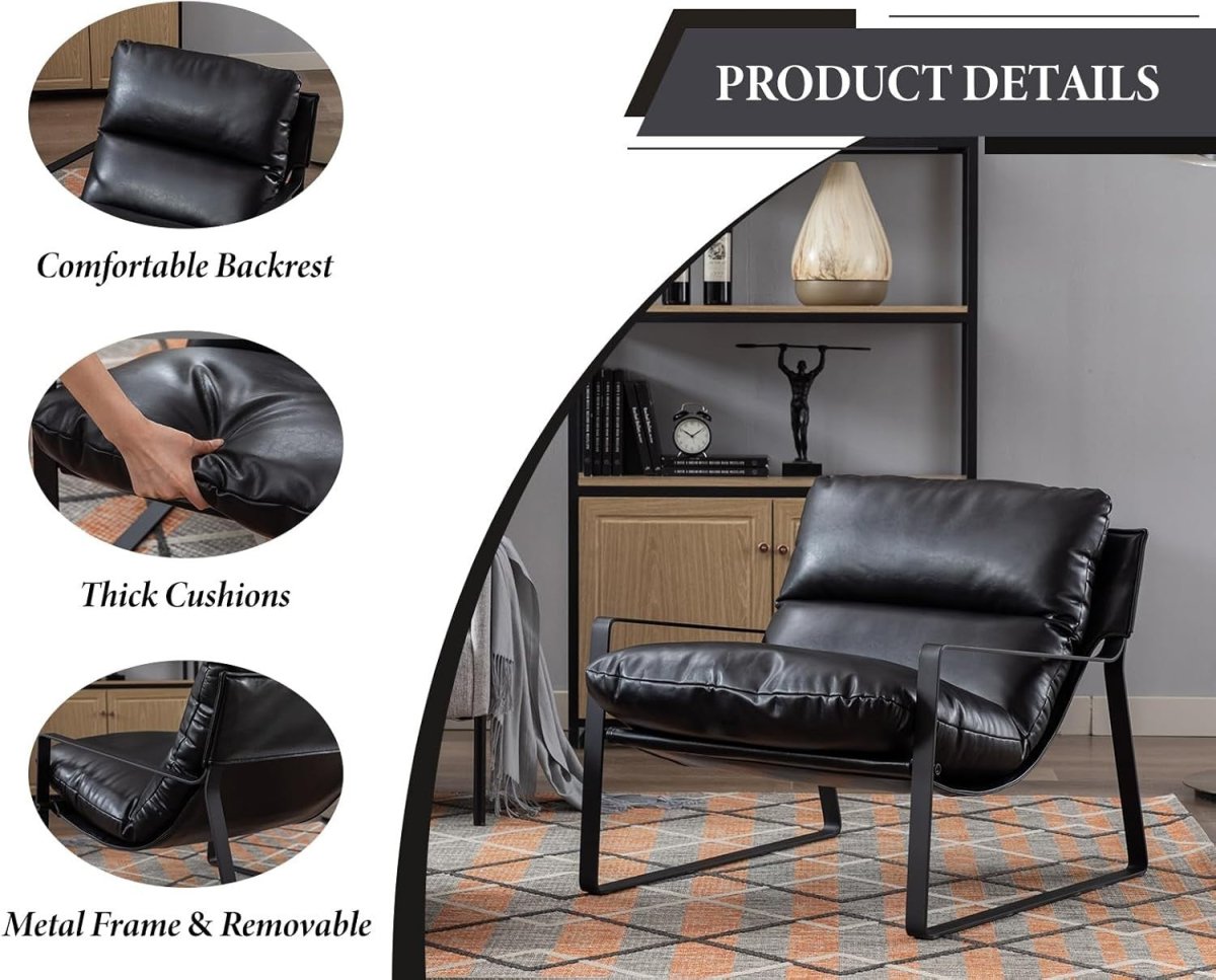Modern Black PU Leather Accent Chair Tufted Lounge Armchair Metal Frame - Kwikley