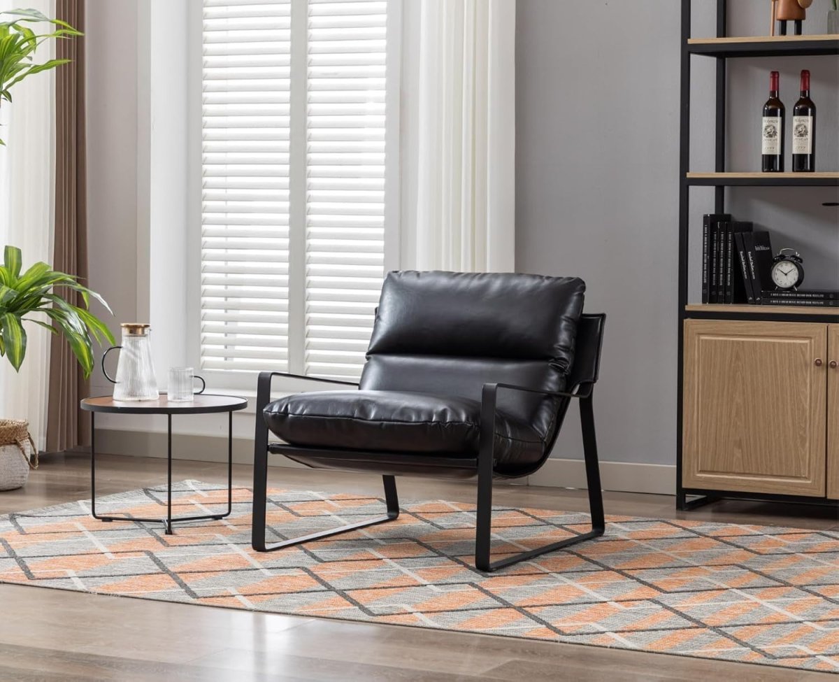Modern Black PU Leather Accent Chair Tufted Lounge Armchair Metal Frame - Kwikley