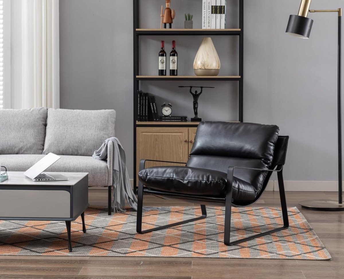 Modern Black PU Leather Accent Chair Tufted Lounge Armchair Metal Frame - Kwikley