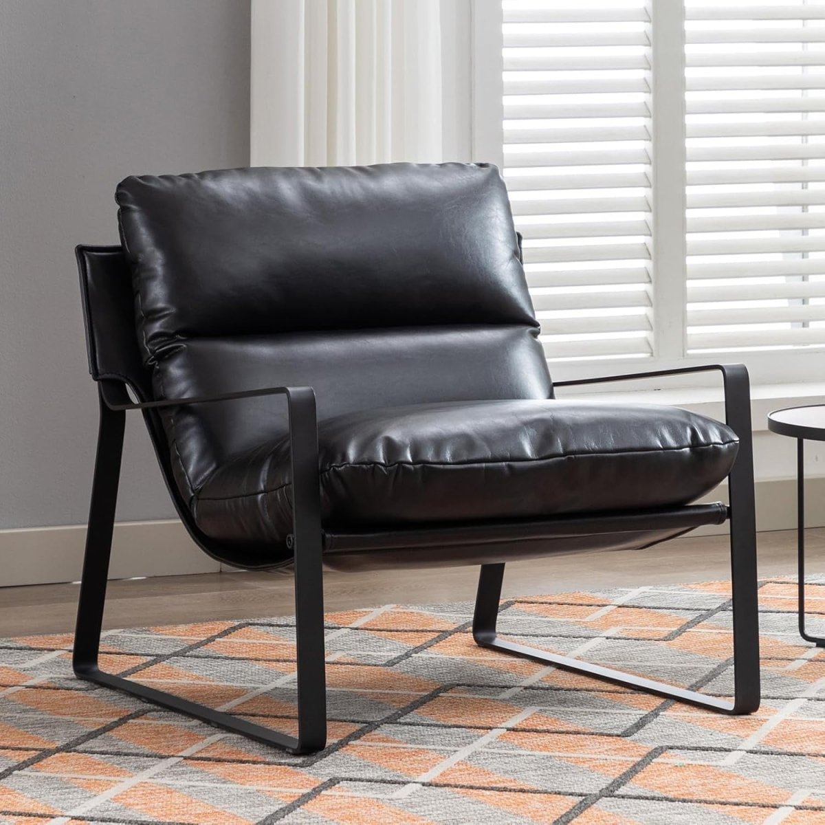 Modern Black PU Leather Accent Chair Tufted Lounge Armchair Metal Frame - Kwikley